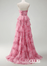 Joanna | Blush Floral A Line Long Prom Dress with Slit - Price #price_variant_lowest# - Blush Floral - PromDressClub